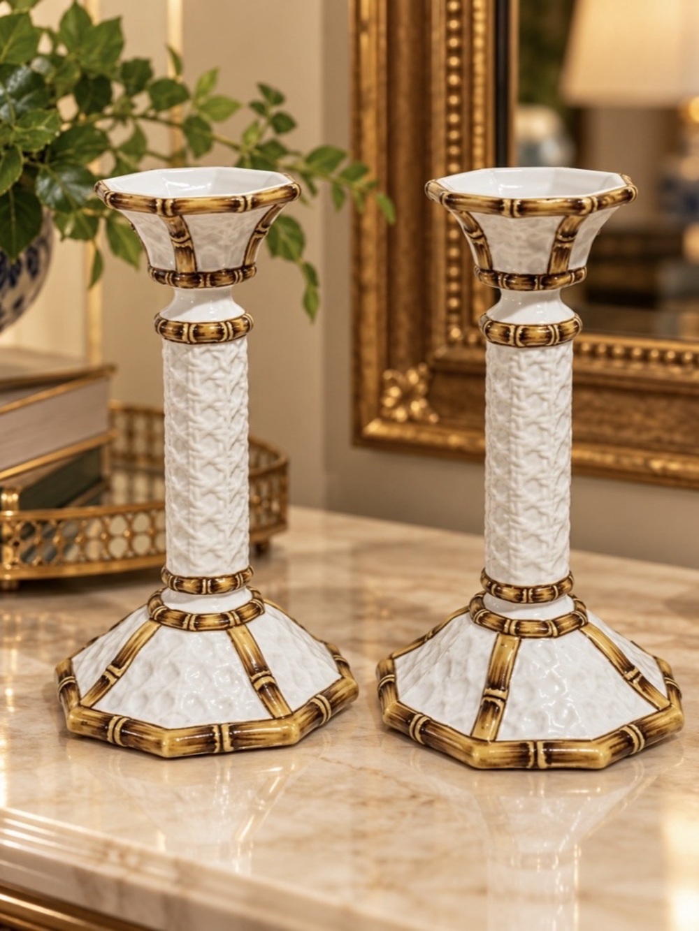 Vintage Meiselman Imports Italy Faux Bamboo Majolica Candlesticks Pair